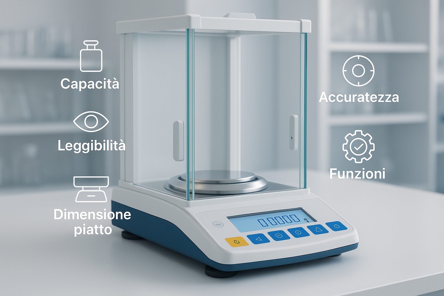 grafica dei 6 criteri per scegliere una bilancia da laboratorio (capacità, leggibilità, accuratezza ecc.)